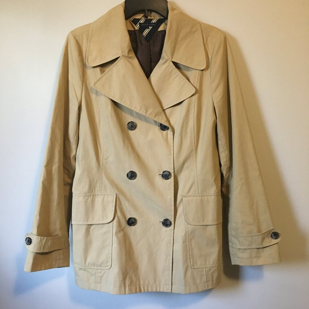 Preppy Academic Tommy Hilfiger Tan Double Breasted Trench Coat Style Large